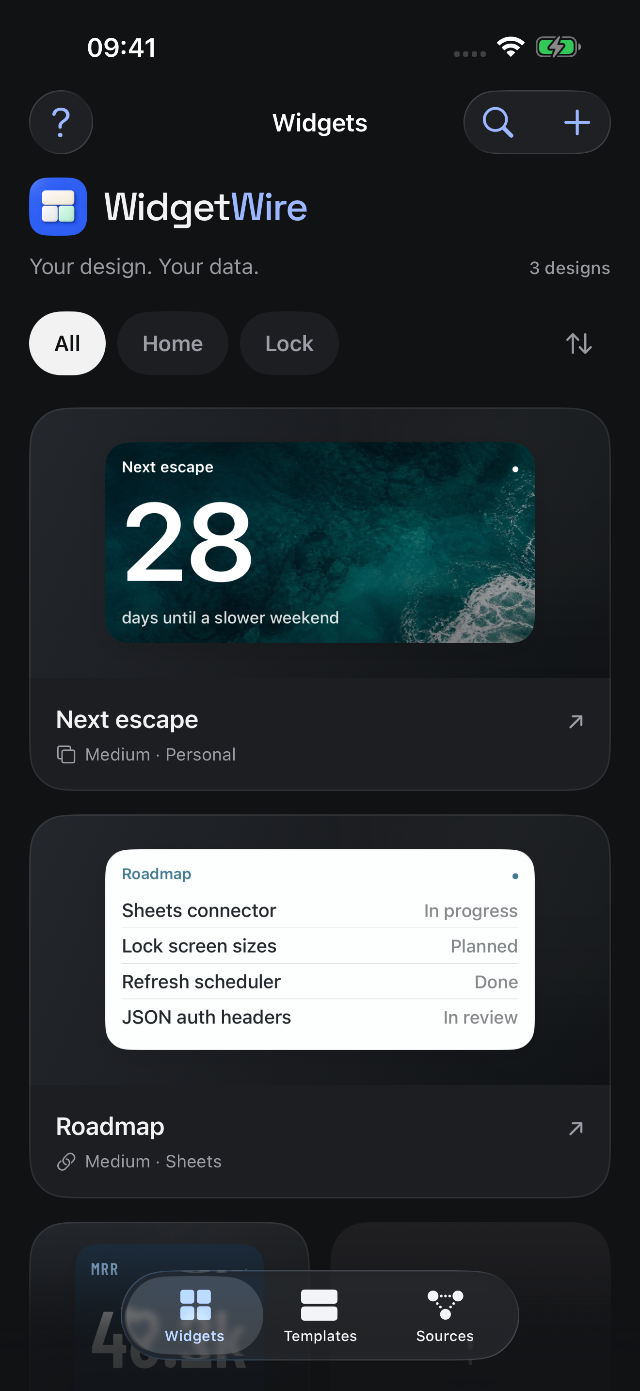 WidgetWire in dark mode, showing a coastal countdown and a connected roadmap widget