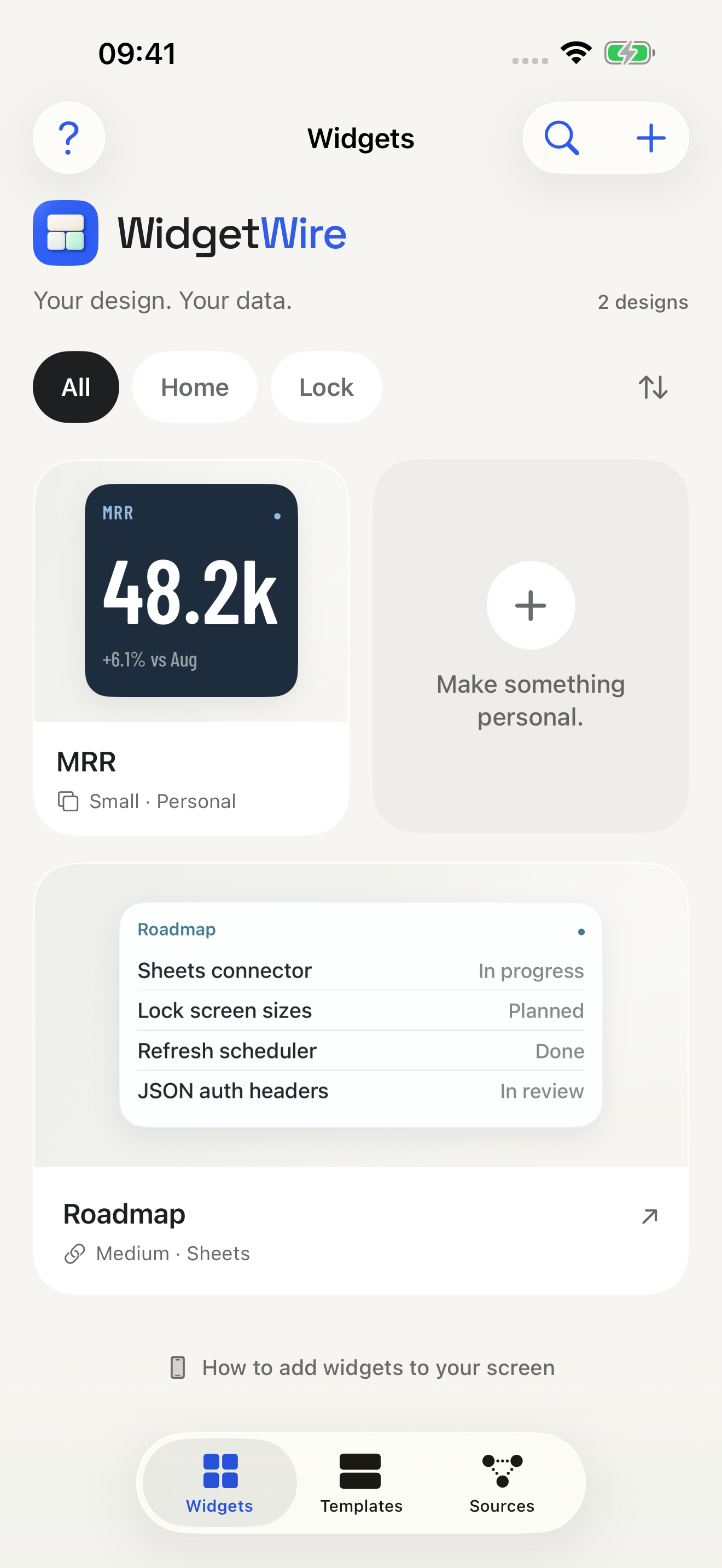 WidgetWire library showing a roadmap list and a personal revenue widget