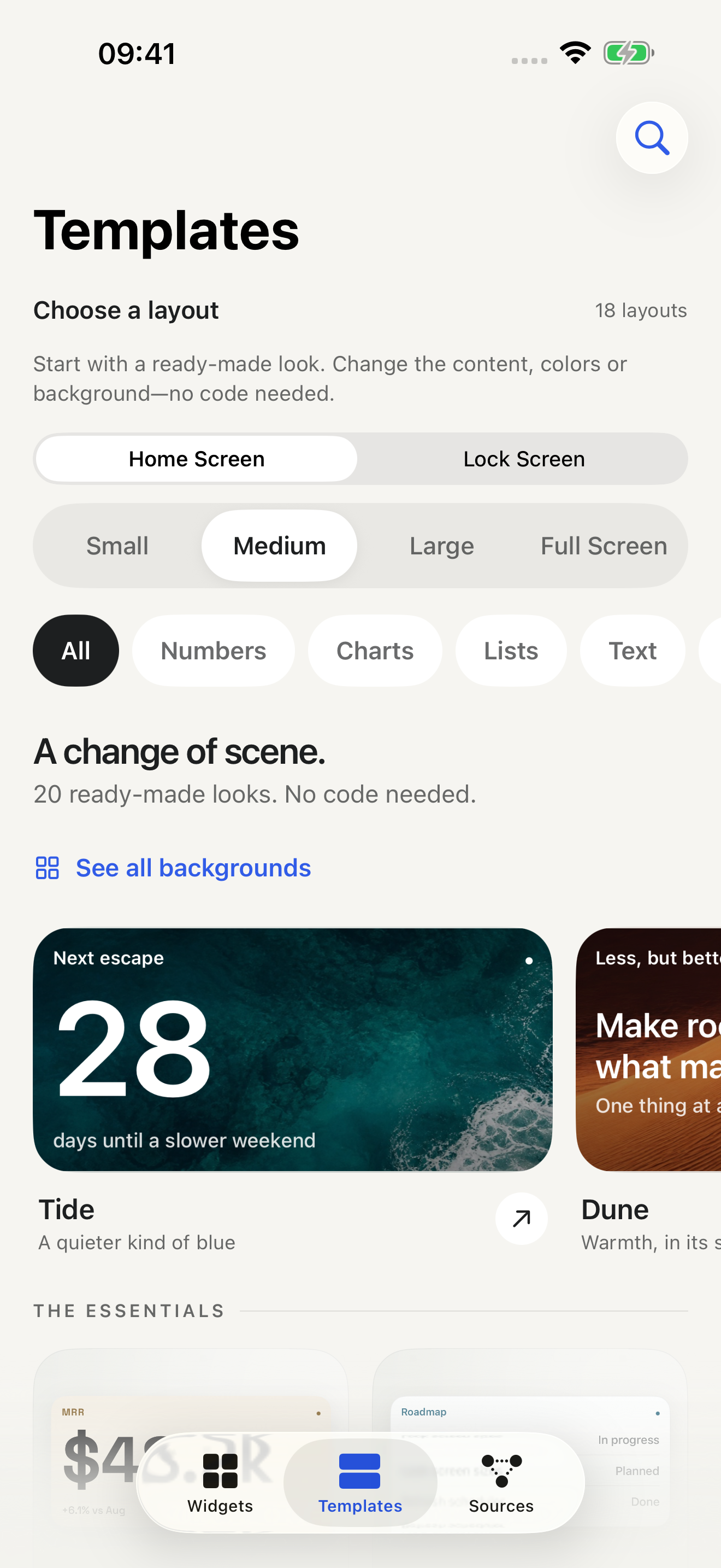 The visual template gallery with Stat, List, Progress and Ring layouts